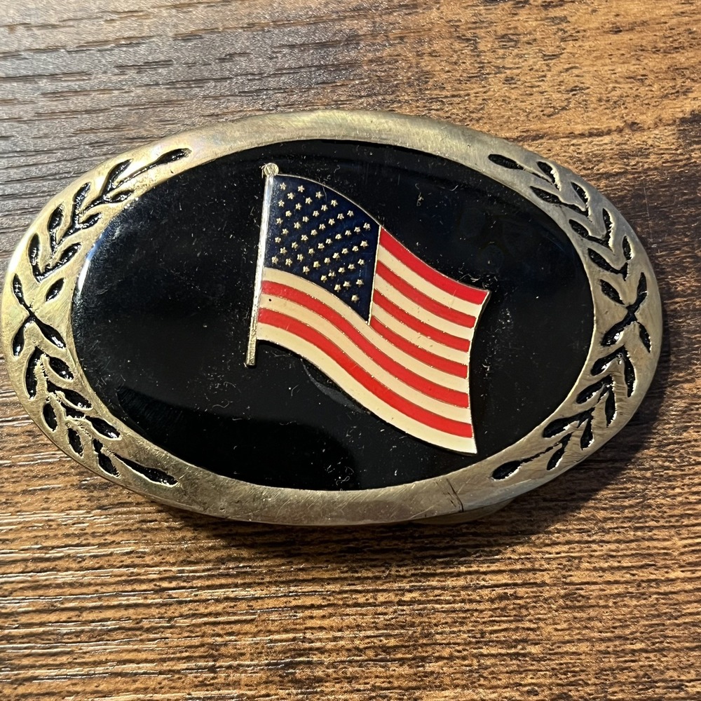 Vintage American Flag Belt Buckle Oval Brass Tone Black Enamel Patriotic USA